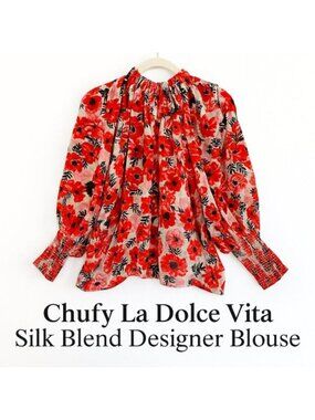 Chufy La Dolce Vita Silk Blend Red Floral Balloon Sleeve Blouse M Designer